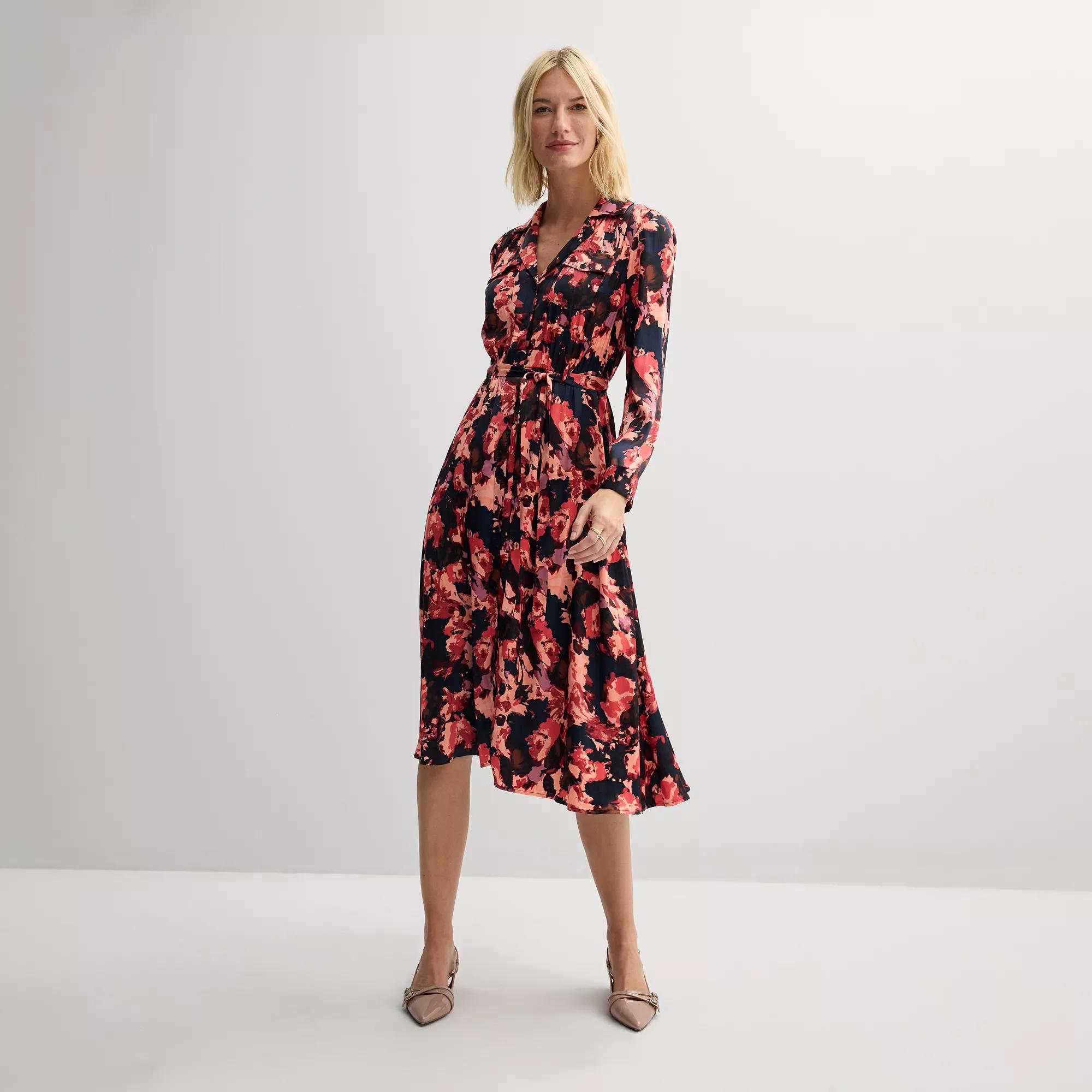 Women's Nine West Midi Shirt Dress, Size: XXL, Pink Abstract Flora Product Image