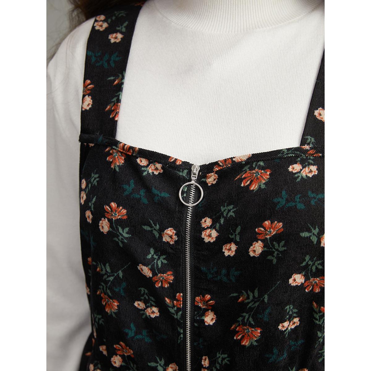 Plus Size Ditsy Floral Corduroy Pocket Zipper Fly Cami Dress Black Women Casual Printed Square Neck Sleeveless Curvy Knee Dress BloomChic 18-20/2X Product Image