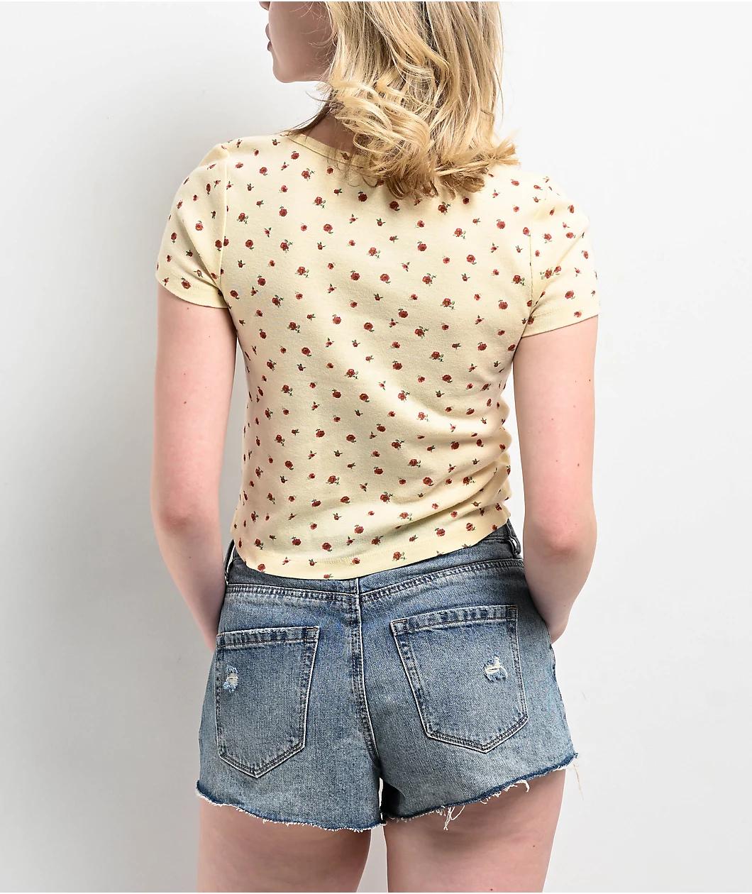 Zine Hannie Ditsy Floral Yellow Crop Henley T-Shirt Product Image