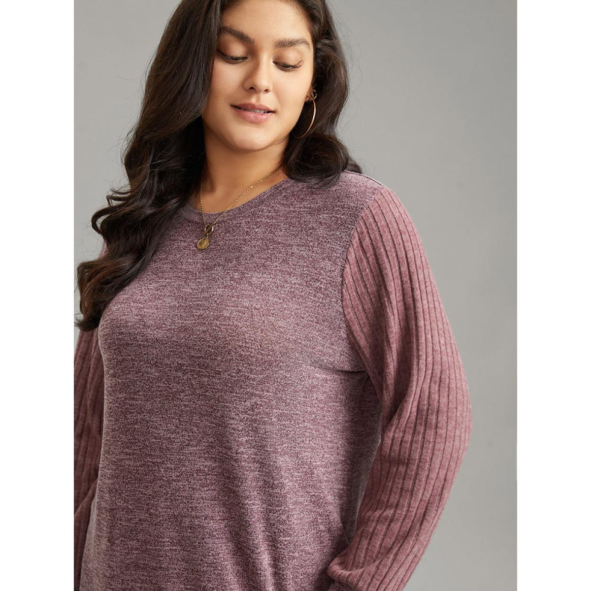 Plus Size Heather Plisse Patchwork Crew Neck T-shirt Russet Women Casual Rib Knit Plain Round Neck Dailywear T-shirts BloomChic 30/6X Product Image