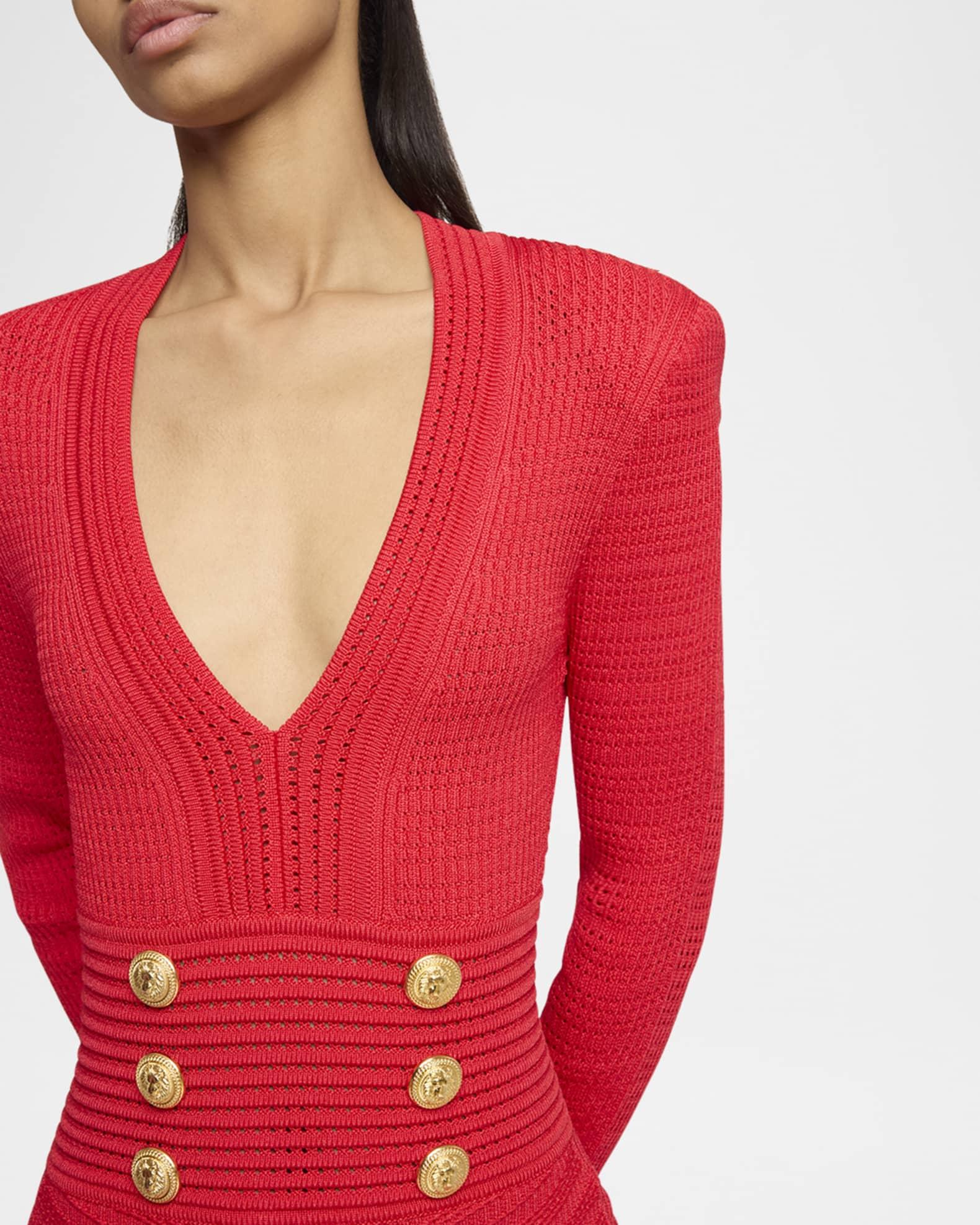 Buttoned Long-Sleeve Pointelle Knit Mini Dress Product Image