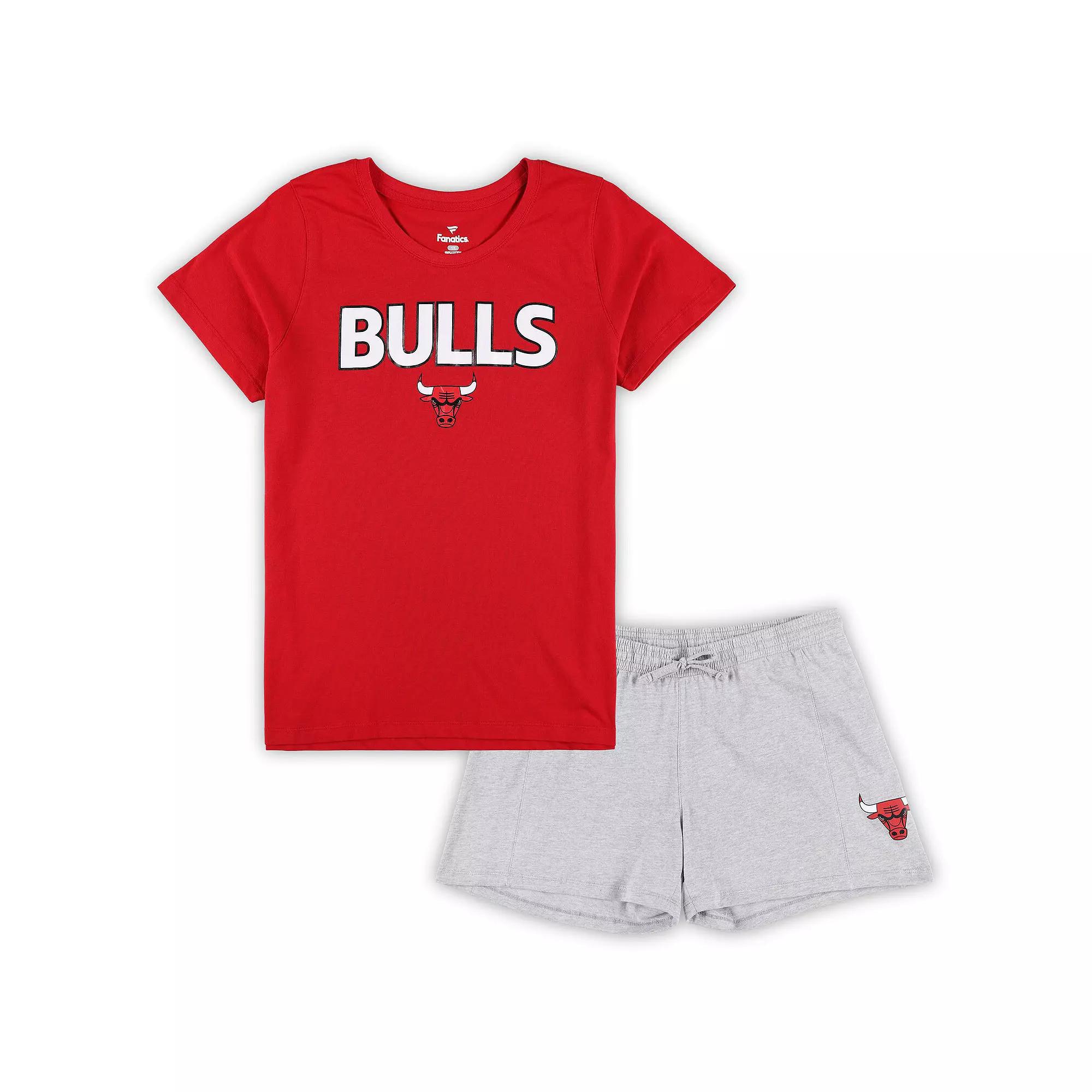 Women's Fanatics Branded Red/Heather Gray Chicago Bulls Plus Size T-Shirt & Shorts Combo Set, Size: 4XL Product Image