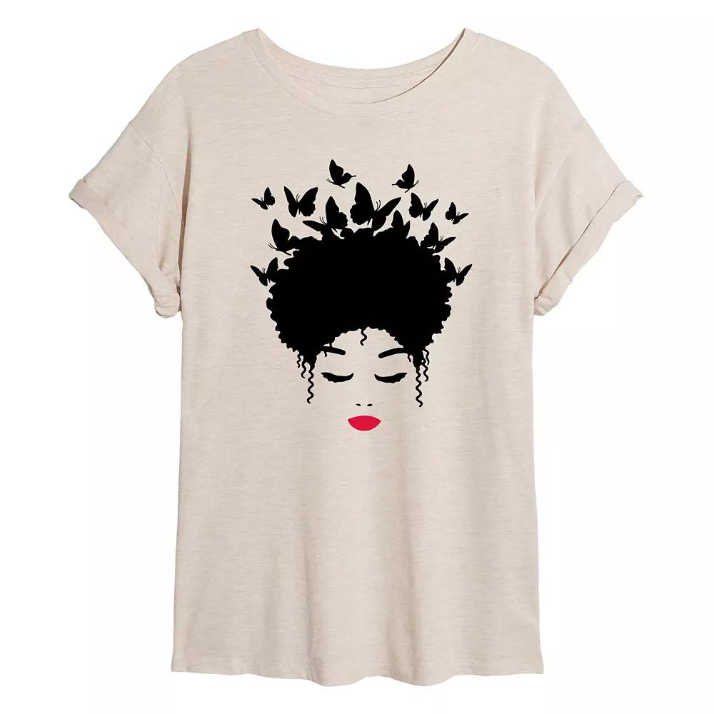 Juniors' Woman of Color Black Butterfly Hair Oversized Tee, Girl's, Size: Small, Beige Product Image
