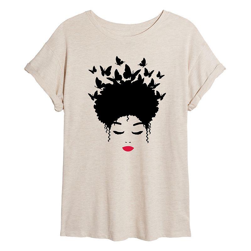 Juniors' Woman of Color Black Butterfly Hair Oversized Tee, Girl's, Size: Small, Beige Product Image