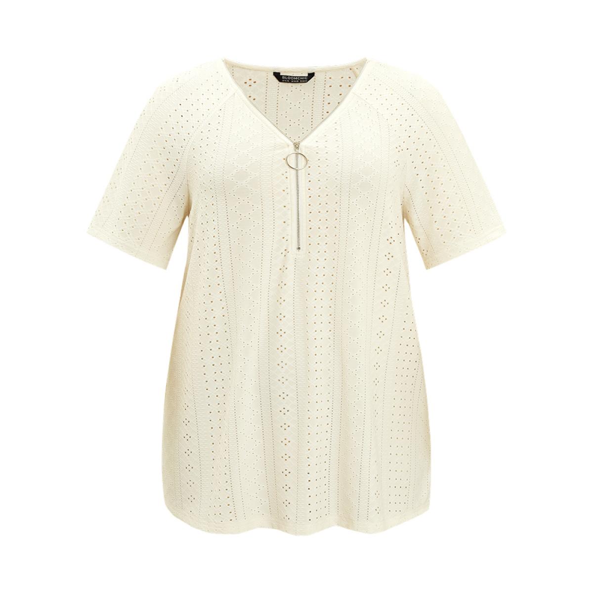Plus Size Solid Half Zipper Broderie Anglaise T-shirt Ivory Women Elegant Zipper Plain V-neck Dailywear T-shirts BloomChic 10/M Product Image
