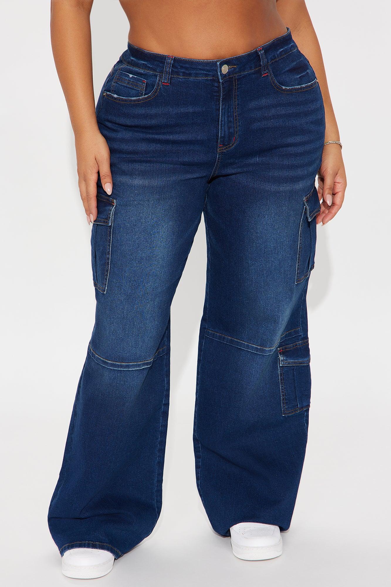 In The Bleachers Cargo Wide Leg Jeans - Dark Wash Female Product Image