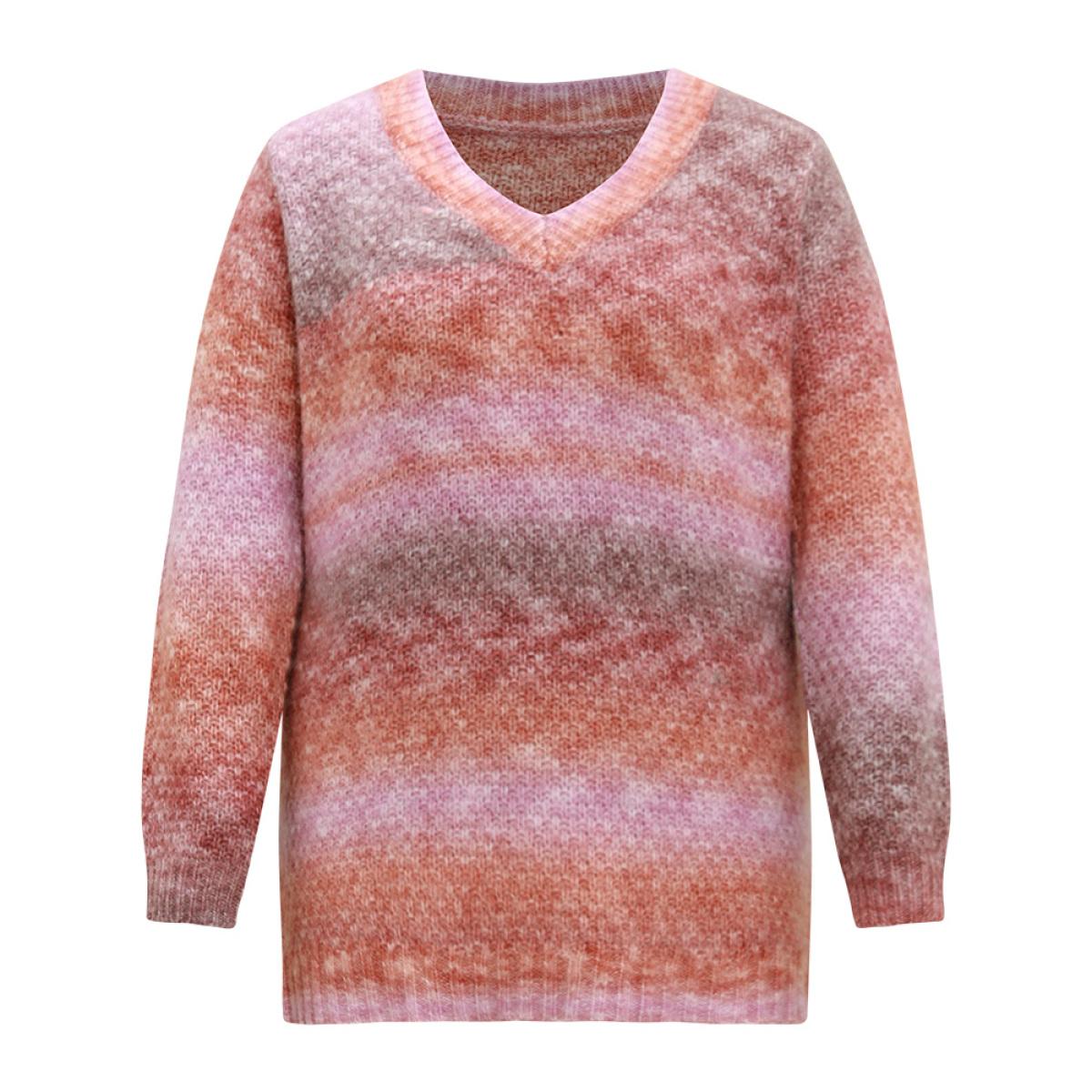 Plus Size Ombre Heather V Neck Pullover Multicolor Women Casual Loose Long Sleeve V-neck Dailywear Pullovers BloomChic 30/6X Product Image