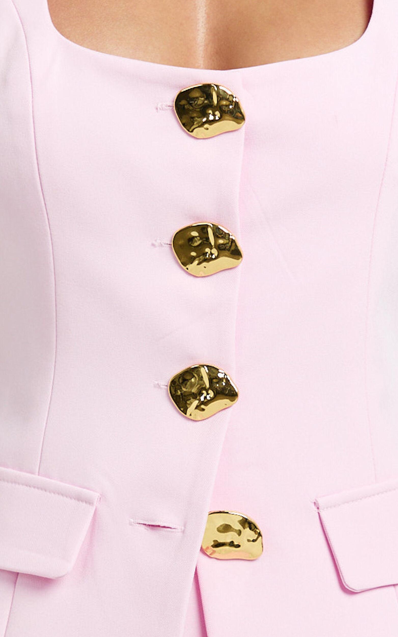 Phyllis Two Piece Set - Tailored Scoop Neck Vest Top and A Line Mini Skirt Set with Gold Buttons in Pink Product Image