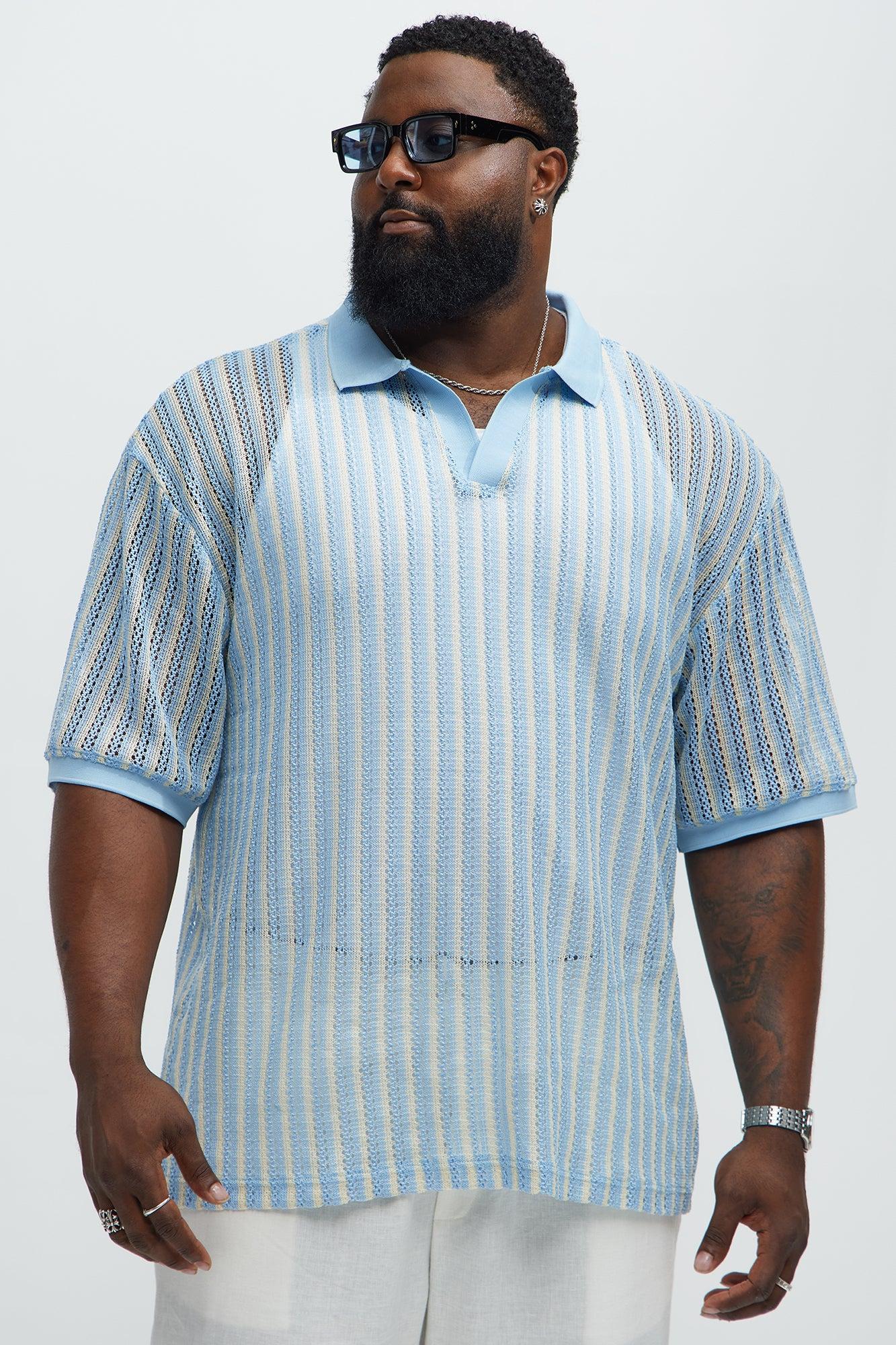Striped Textured Johnny Collar Polo - Blue/combo Product Image