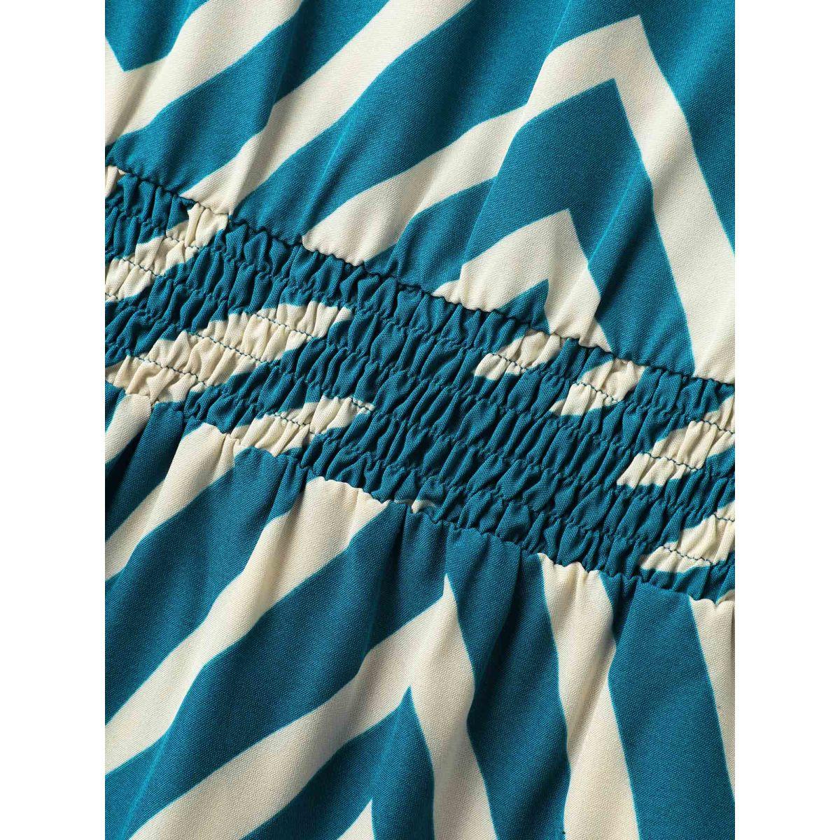 Plus Size Geometric Print Cinched-Waist Midi Dress Aegean Women Contrast V-neck Cap Sleeve Curvy BloomChic 26/4X Product Image