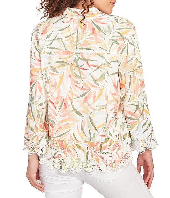 Ruby Rd. Coordinating Tropical Fern Print 3/4 Sleeve Lace Embroidered Scallop Edge Button-Front Shirt Product Image