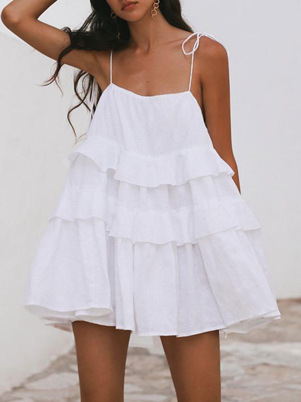 A-Line High Waisted Backless Layered Pleated Solid Color Spaghetti-Neck Mini Dresses Product Image