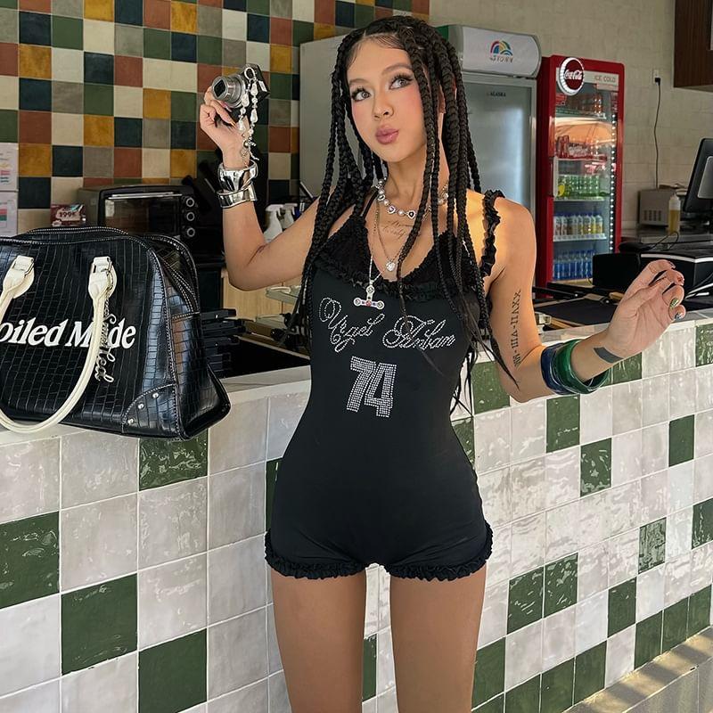 Spaghetti Strap V-Neck Rhinestone Ruffled-Trim Romper Product Image