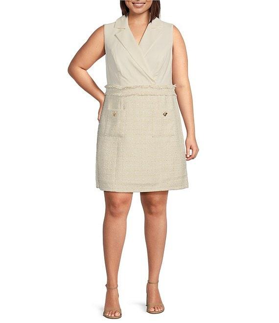 Eliza J Plus Size Notch Collar Stretch Crepe Boucle A-Line Dress Product Image