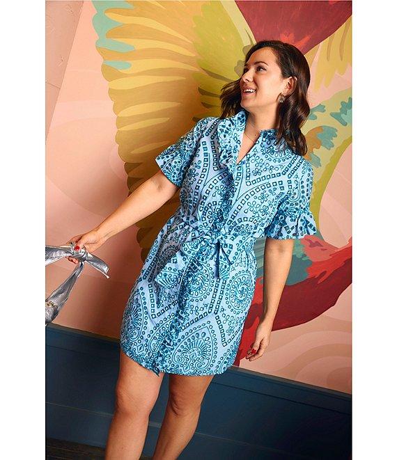 Abbey Glass Katie Button Down Collar Short Sleeve Eyelet Mini Shirt Dress Product Image