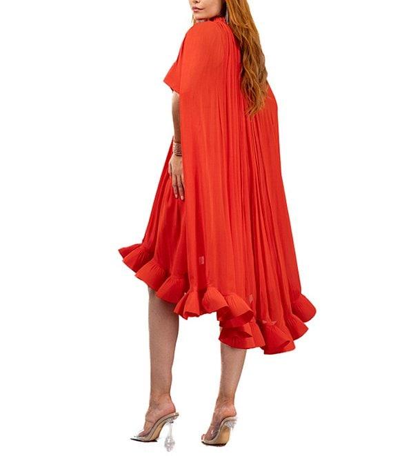Terani Couture Tie Neck Short Capelet Sleeve Ruffle Hem Chiffon Caftan Dress Product Image
