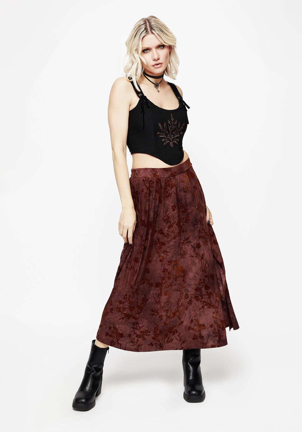 Wytchelm Floral Flocked Velour Midaxi Skirt - Red Product Image
