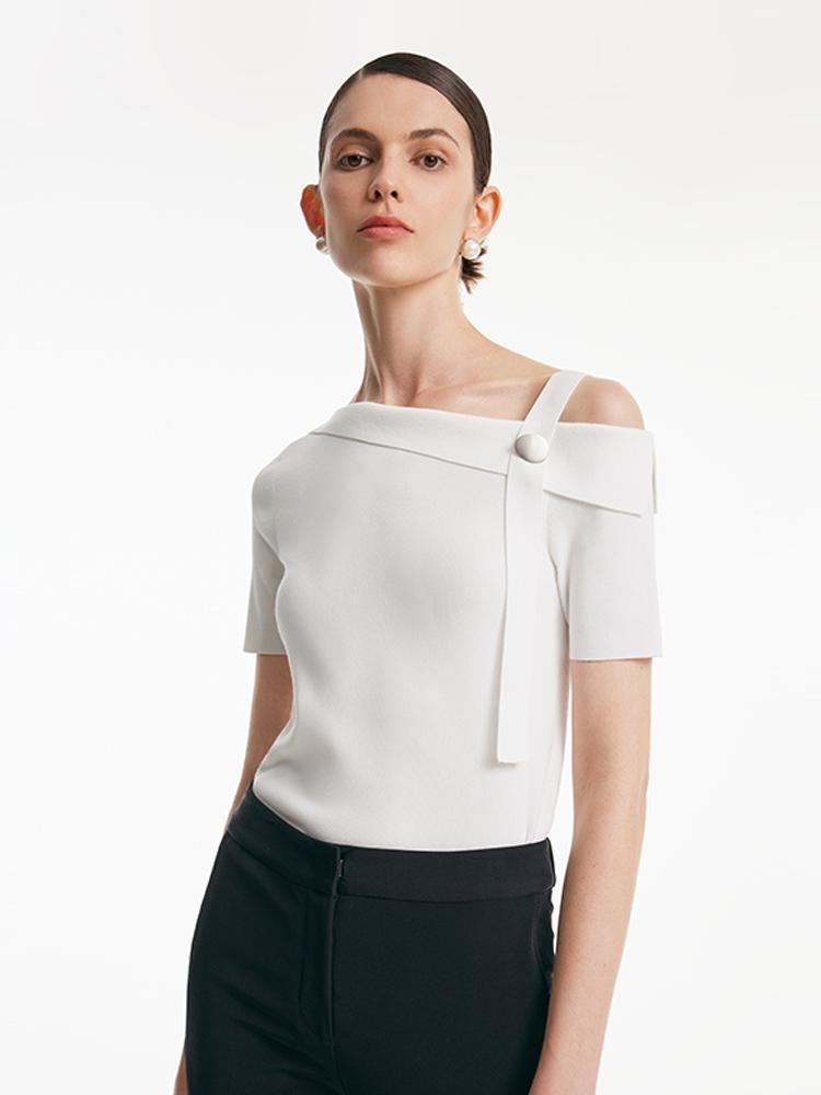 White Acetate One Shoulder Women Knit Top Product Image