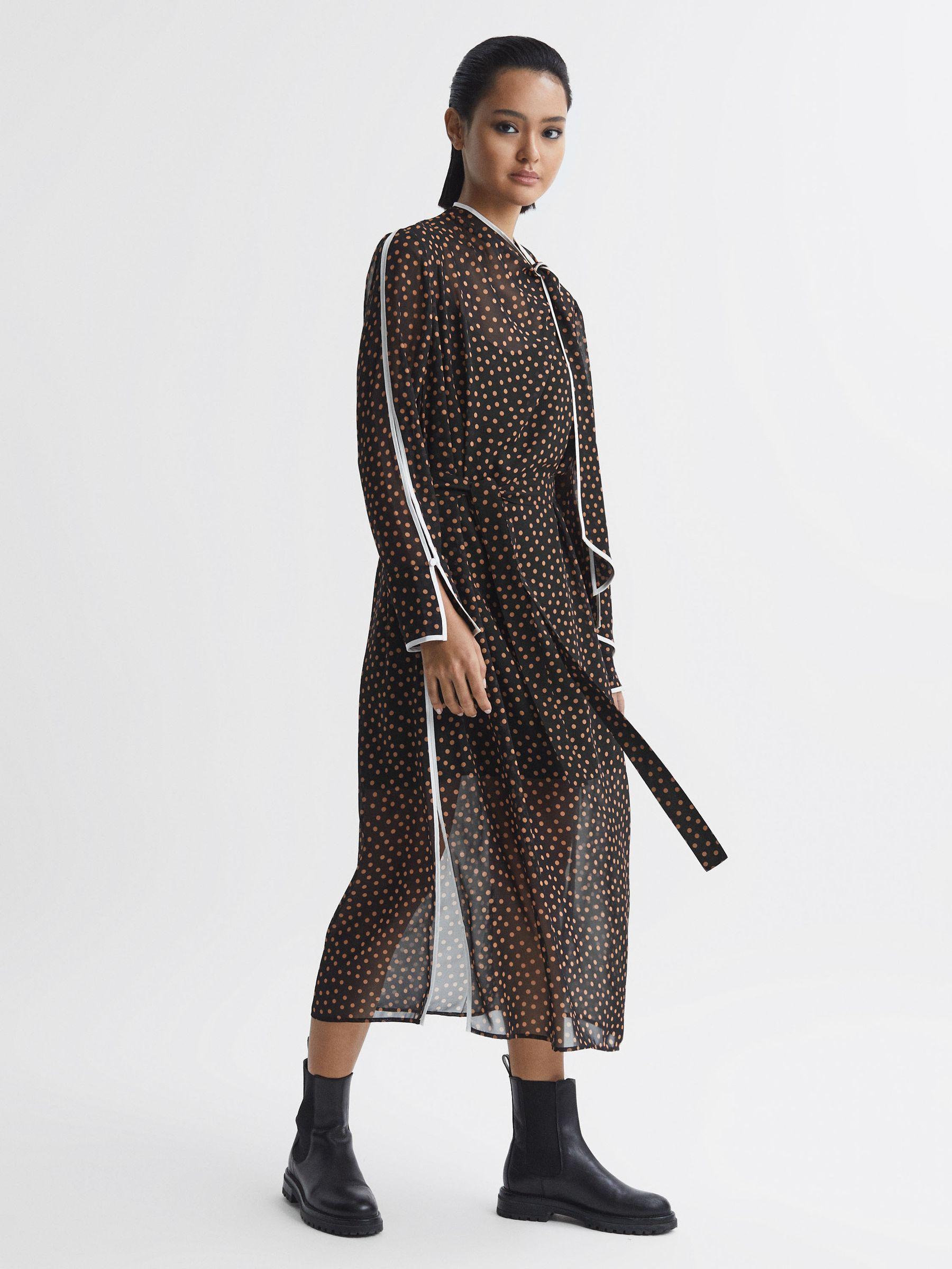 Polka Dot Tie Neck Midi Dress in Black/Brown Product Image