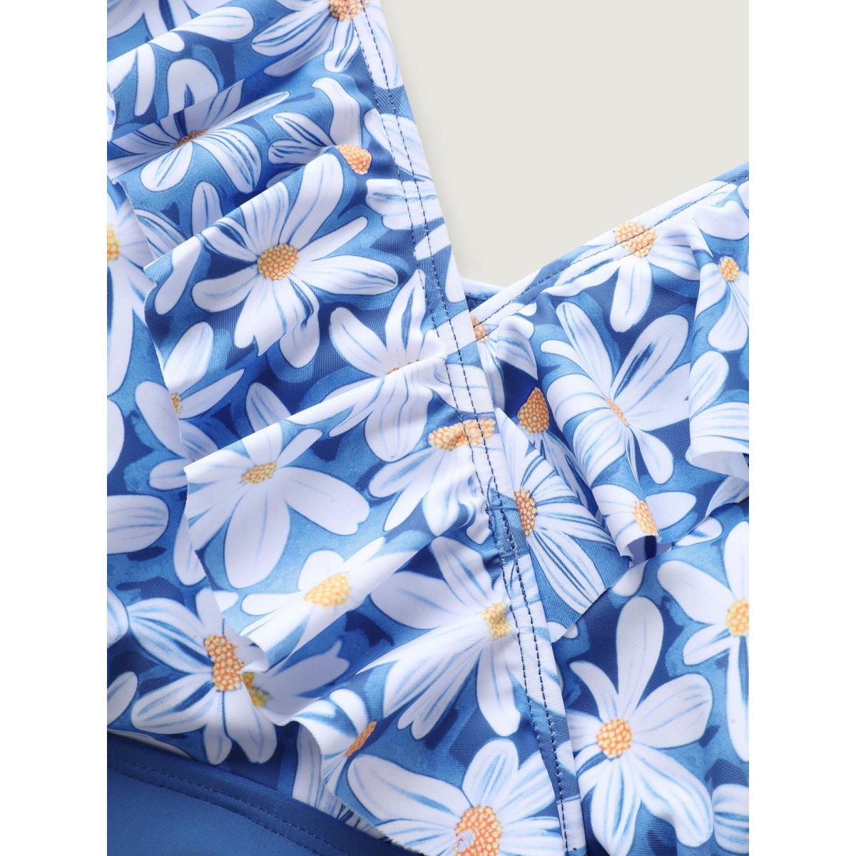 Plus Size Floral Belted Ruffled One-Piece Swimsuit Women's Swimwear Mediumblue Beach Curve Bathing Suits High stretch One Pieces BloomChic 18-20/2X Product Image