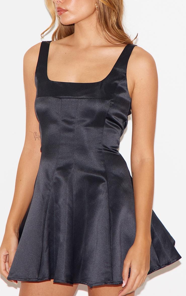 Black Satin Square Neck Pleated Shift Dress Product Image