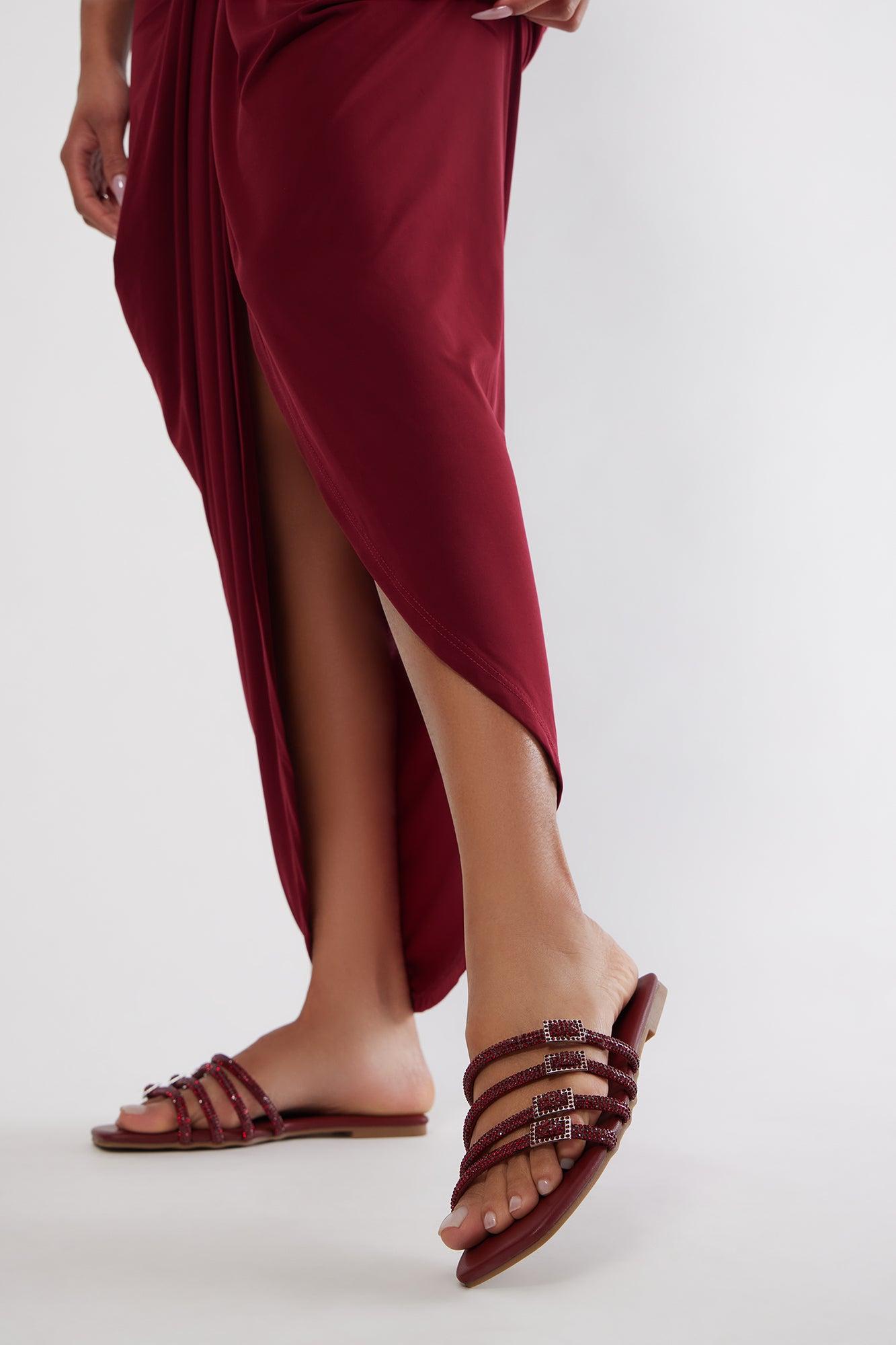 Romain Rhinestone Buckle Slip On Sandals - Wine Product Image