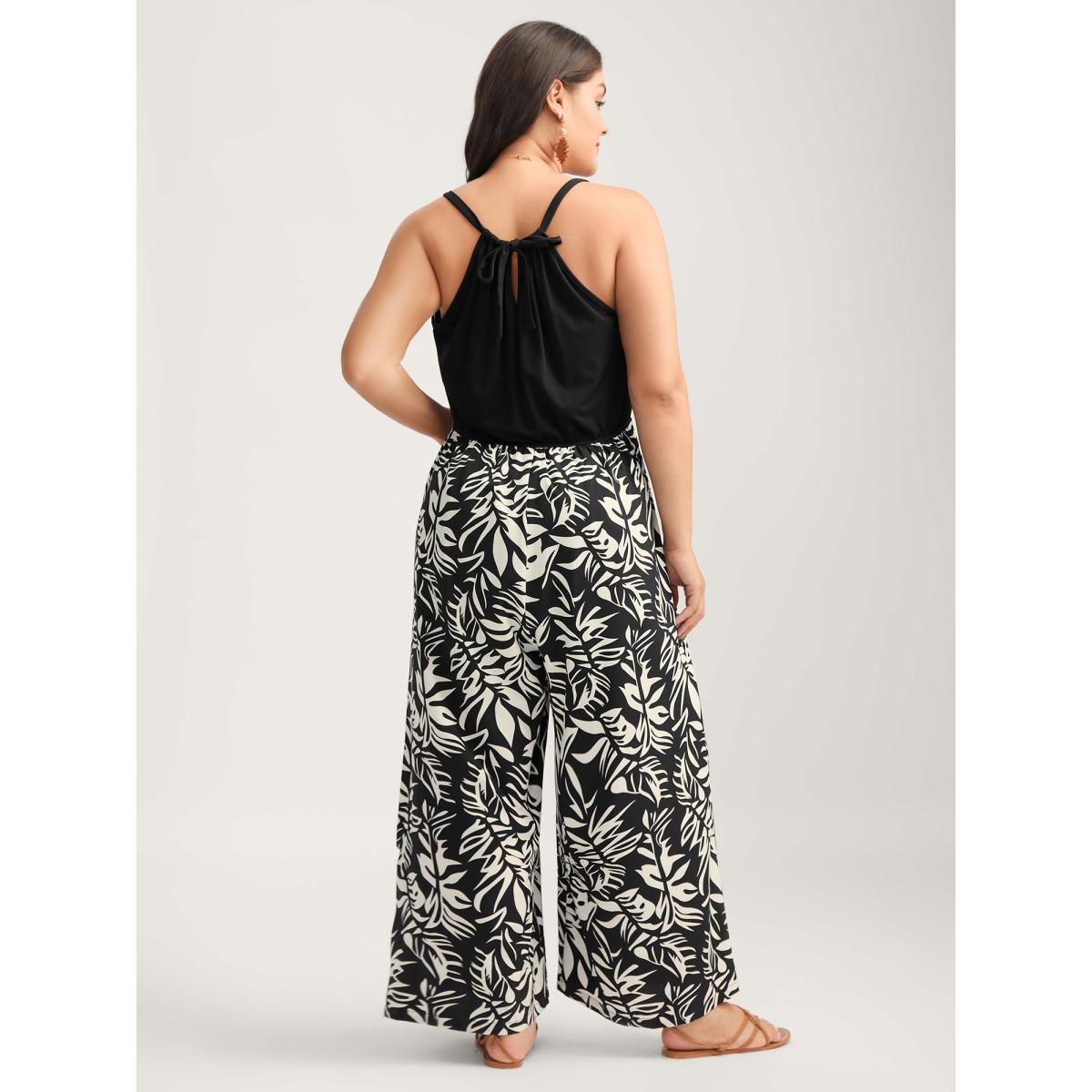 Plus Size Black Leafy Print Halter Neck Sleeveless Jumpsuit Women Sleeveless Round Neck Vacation Loose Jumpsuits BloomChic 18-20/2X Product Image