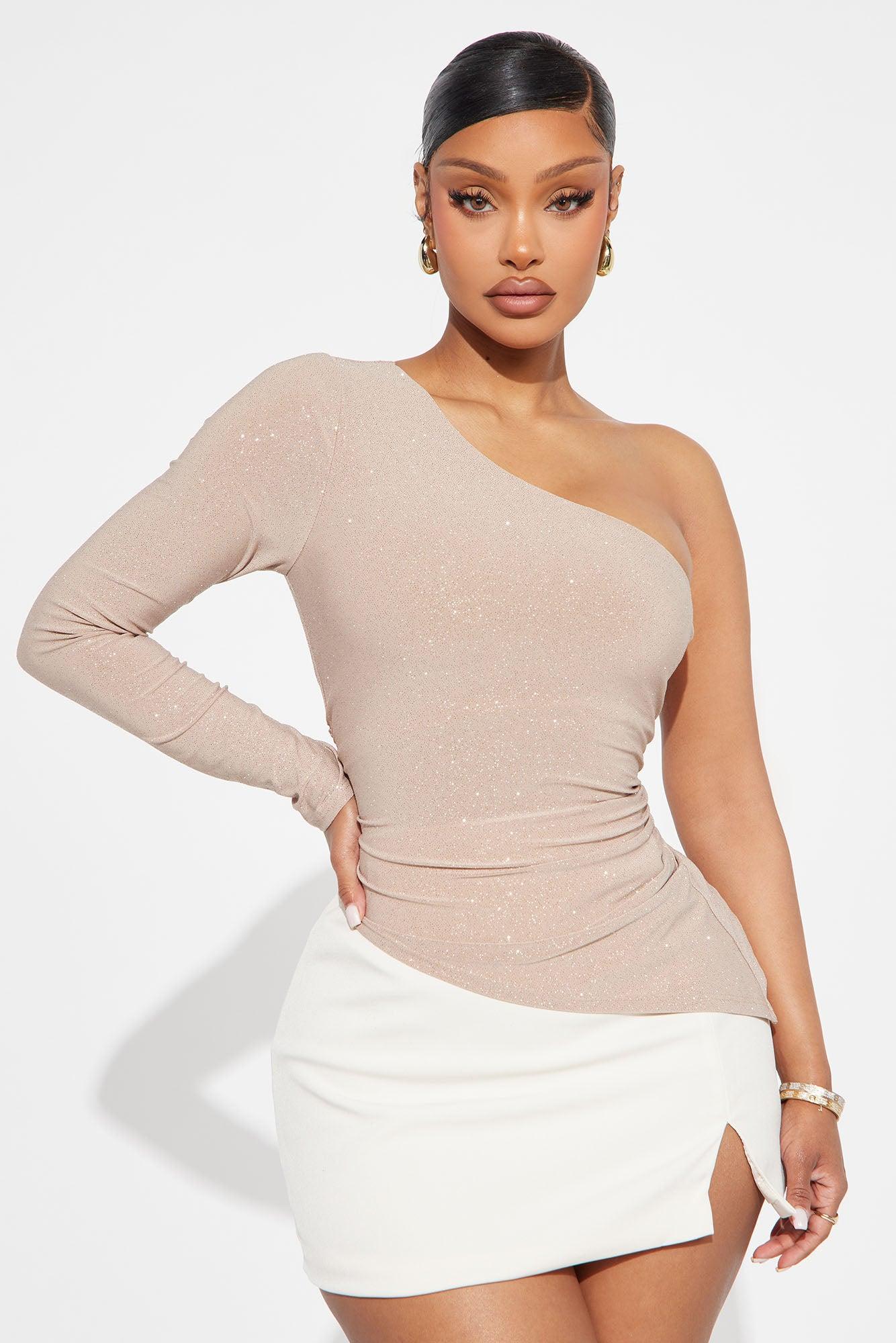 So Glam Glitter One Shoulder Top - Nude Female Product Image
