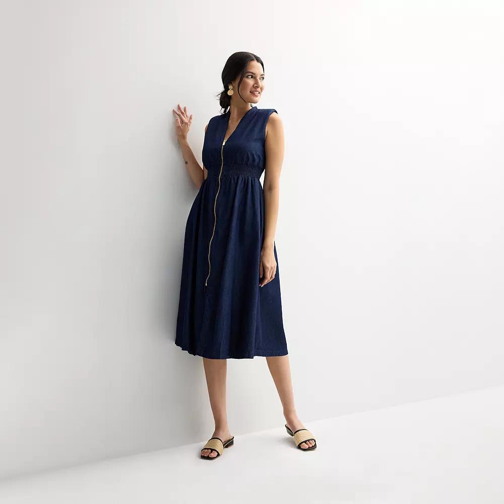 Petite Nine West Zip Front Midi Dress, Women's, Size: XL Petite, Mid Blue Blue Wash Product Image