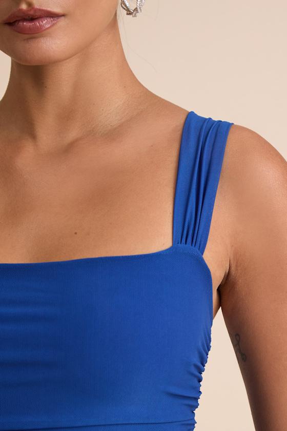 Amazing Presence Blue Mesh Ruched Column Maxi Dress Product Image