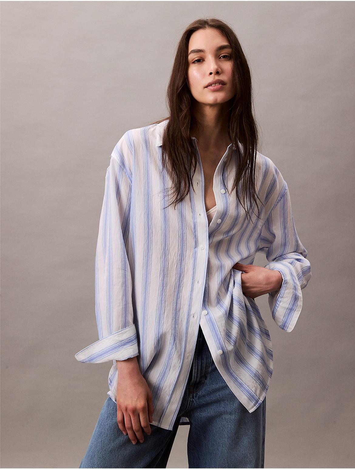 Calvin Klein Womens Stripe Relaxed Button-Down Shirt - Blue Product Image