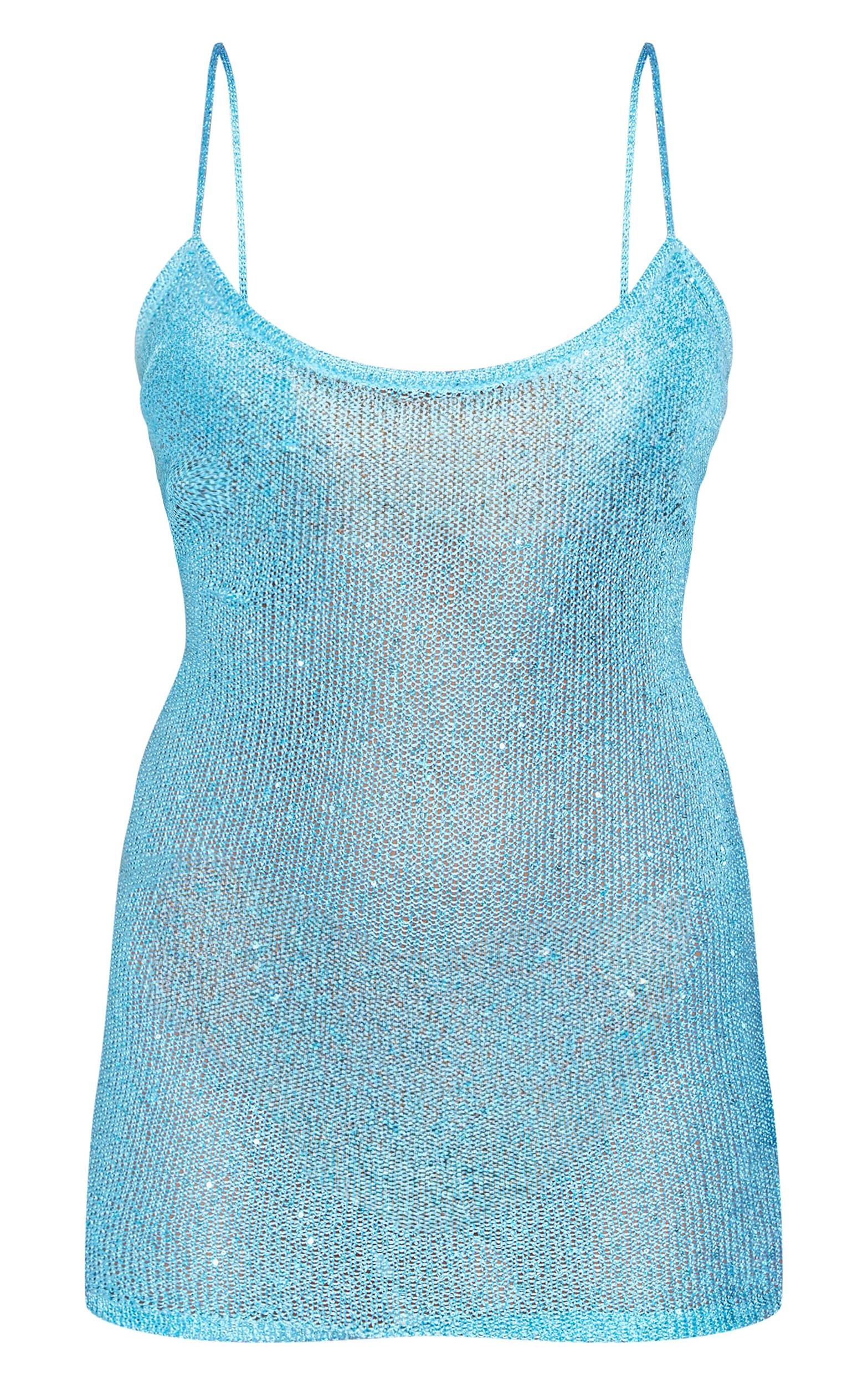 Petite Turquoise Strappy Sequin Knitted Mini Dress Product Image