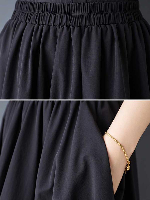 A-Line Loose Asymmetric Elasticity Pleated Pockets Solid Color Skirts Bottoms Product Image