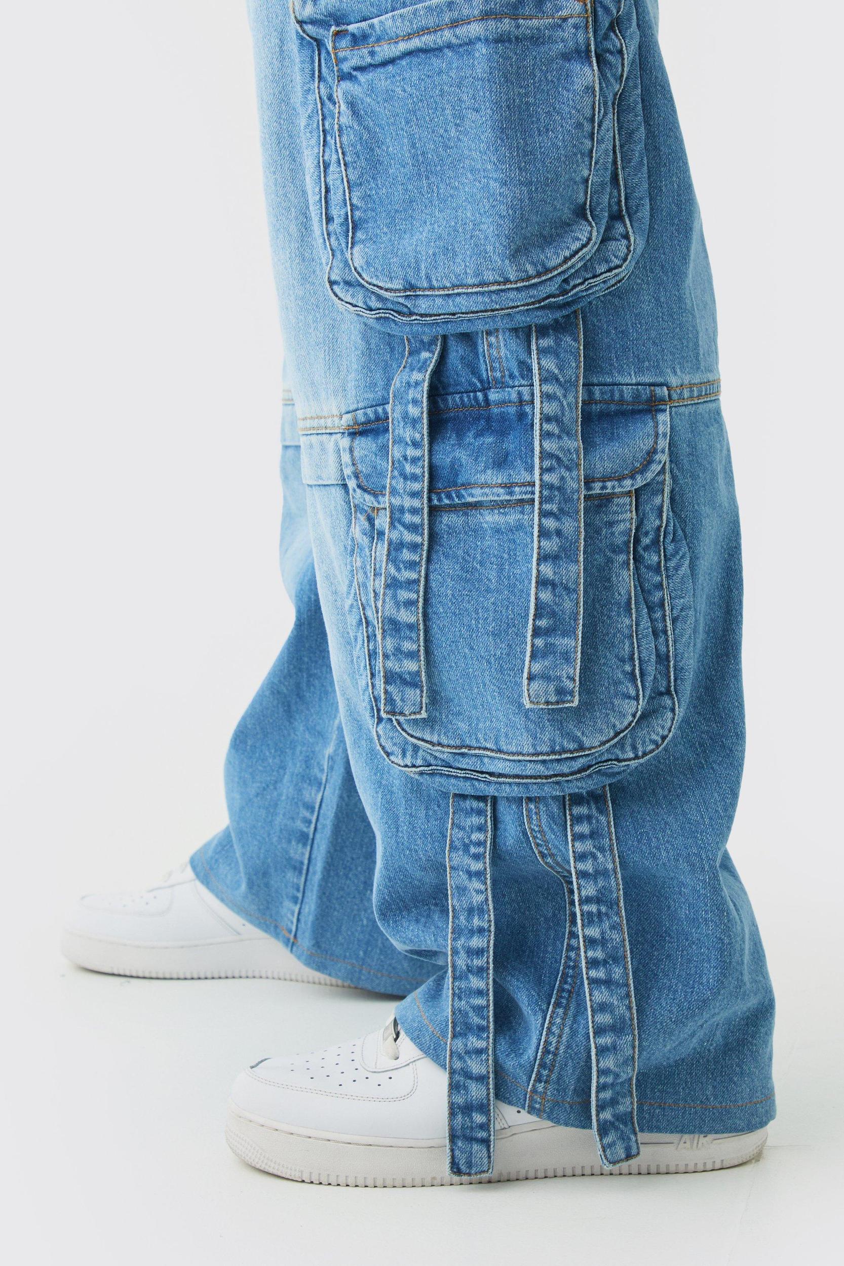 Plus Baggy Rigid Multi Pocket Strap Detail Cargo Jeans | boohooMAN USA Product Image
