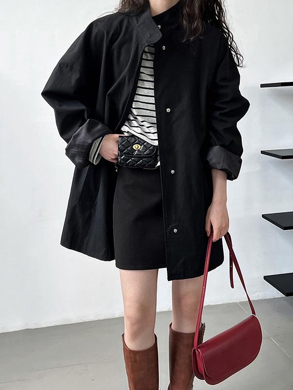 Long Sleeves Loose Pockets Solid Color Stand Collar Outerwear Trench Coats Product Image