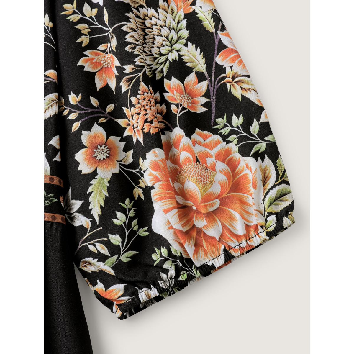 Plus Size Rayon Floral Print Contrast V-Neck Midi Dress Black Women Boho Gathered V-neck Elbow-length sleeve Curvy BloomChic 12/L Product Image