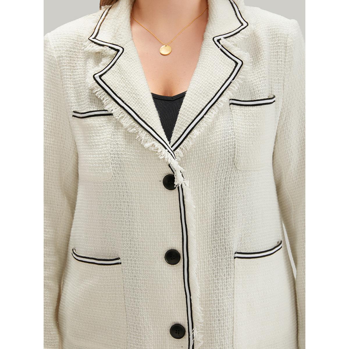 Plus Size Lapel Collar Tweed Contrast Fuzzy Trim Blazer White Women Office Plain Texture Sleeve Long Sleeve Lapel Collar 18-20/2X Pocket Office Blazers BloomChic Product Image