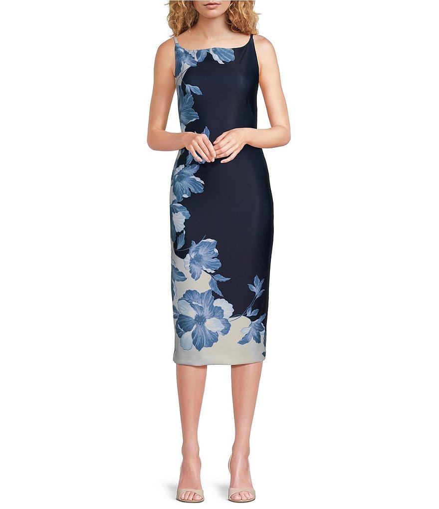 Donna Karan Sleeveless Boat Neck Floral Scuba Midi Sheath Dress Product Image