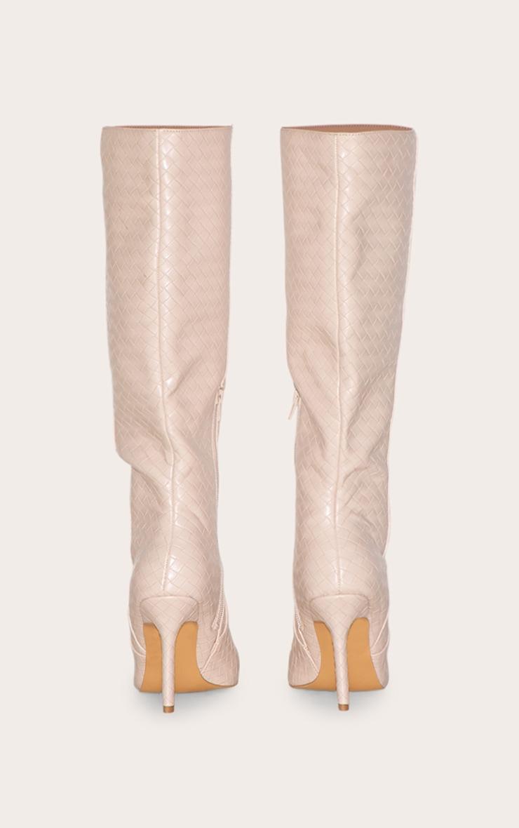 Oatmeal PU Point Toe Basket Weave Knee High Boots Product Image