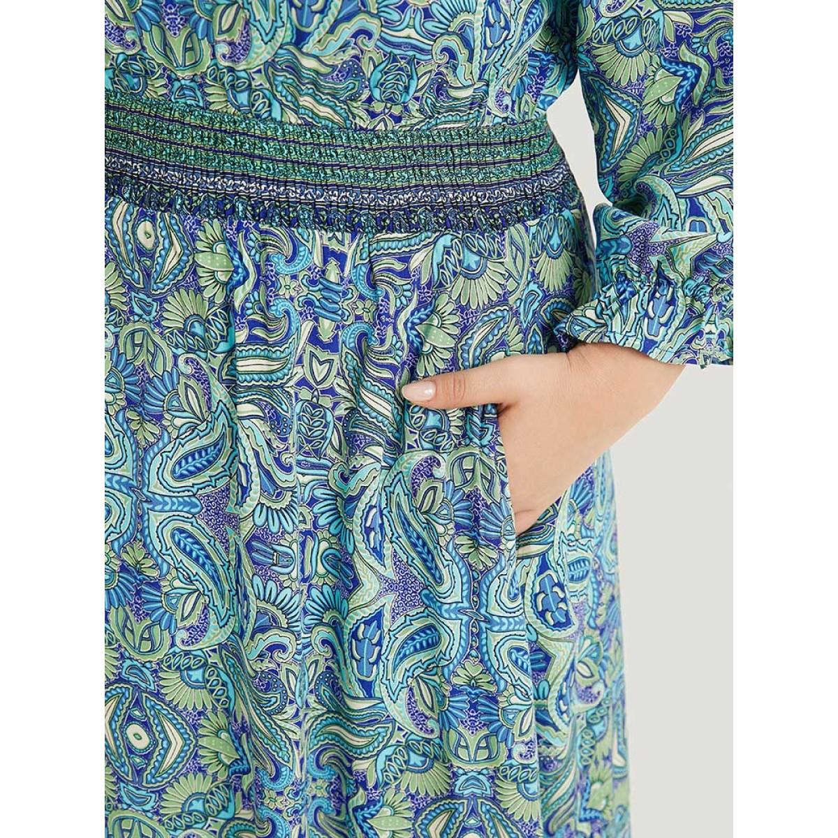 Plus Size Paisley Print Shirred Flutter Trim Dress Blue Women Resort Elastic cuffs V-neck Long Sleeve Curvy Midi Dress BloomChic 30/6X Product Image