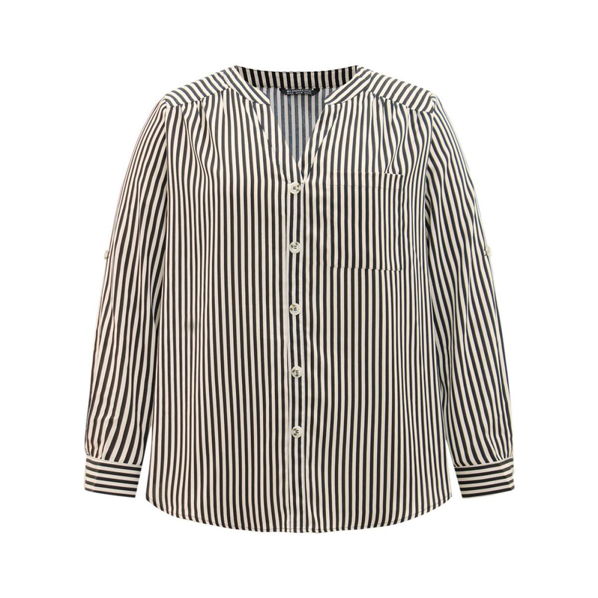 Plus Size LightBrown Striped Notched Button Through Blouse Women Office Long Sleeve Shirt collar Work Blouses BloomChic 30/6X Product Image