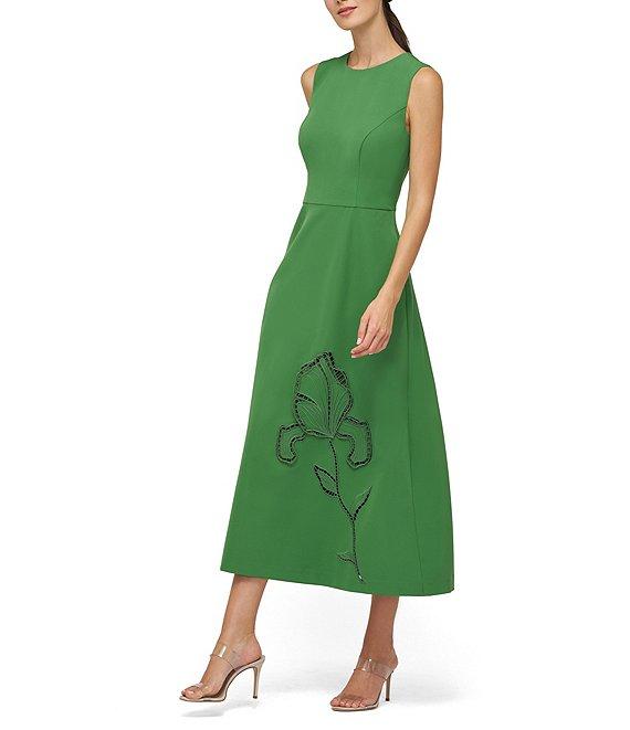Kay Unger Blossom Stretch Crepe Crew Neck Embellished Midi A-Line Dress Product Image