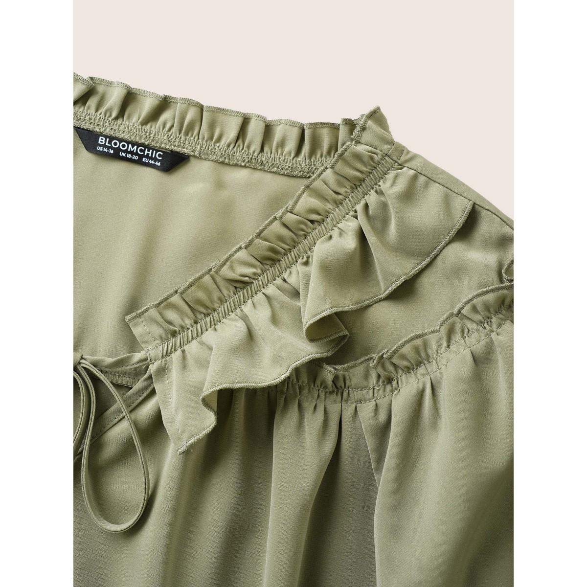 Plus Size Sage Plain Frill Trim Gathered Ruffle Sleeve Blouse Women At the Office Short sleeve V-neck Office Blouses BloomChic 22-24/3X Product Image