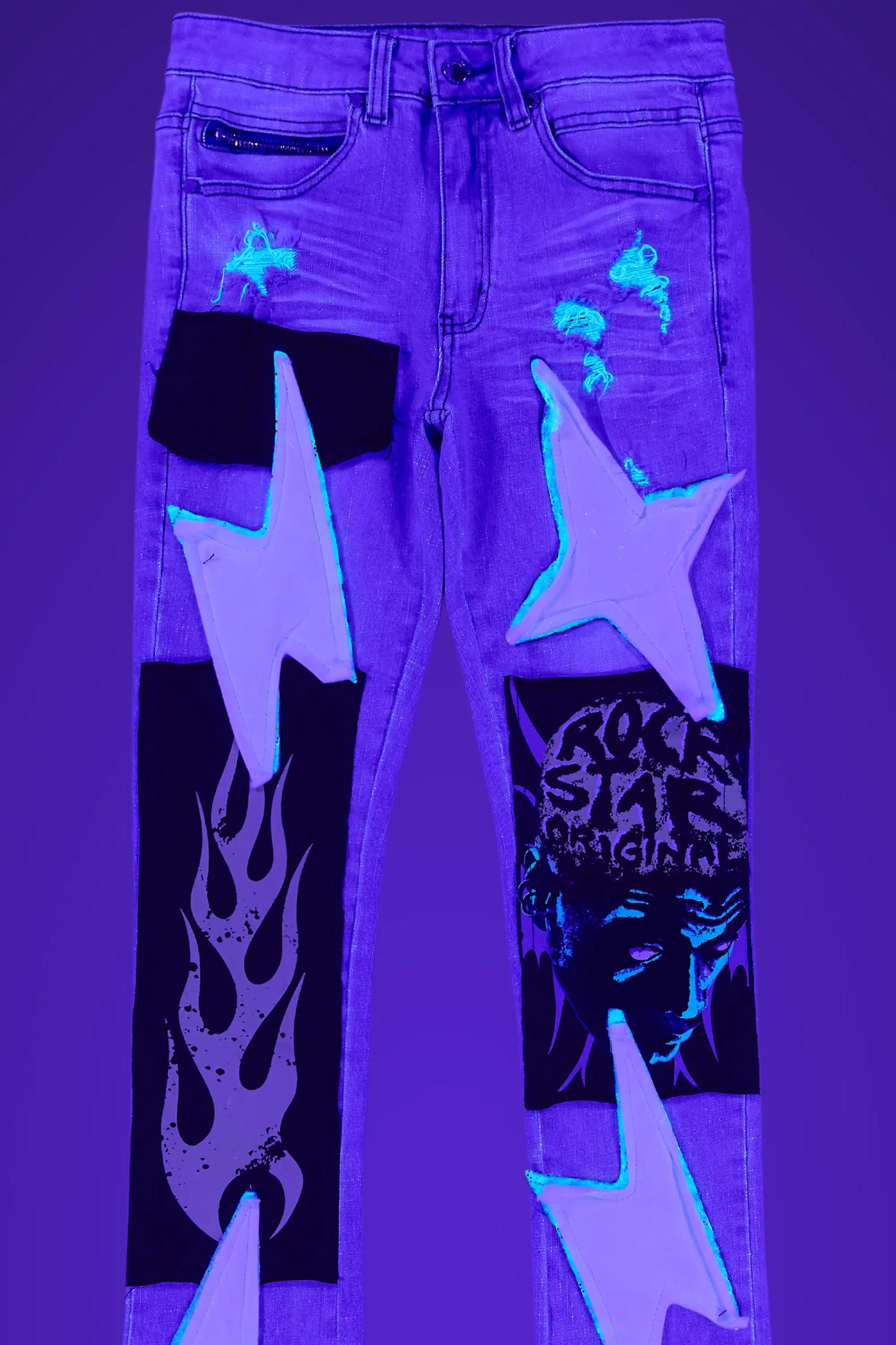 Edgar Blue Patchwork Stacked Flare Jean Male Product Image