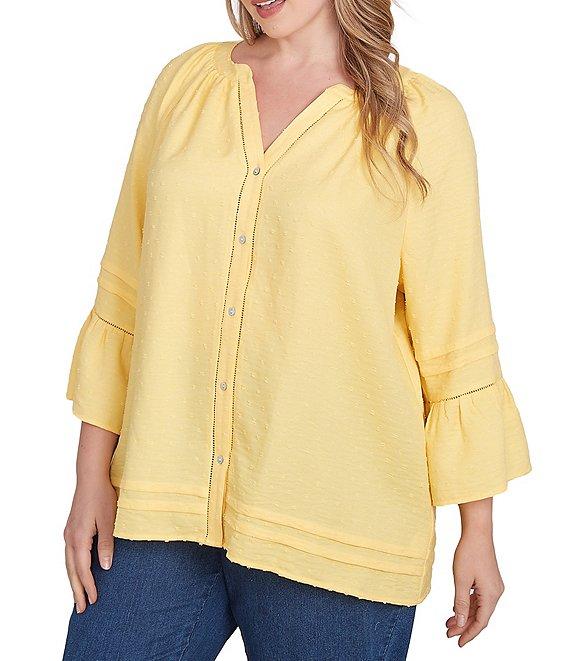 Ruby Rd. Plus Size Woven Embellished Trim Clip-Dot Mandarin Collar 3/4 Sleeve Button-Front Top Product Image