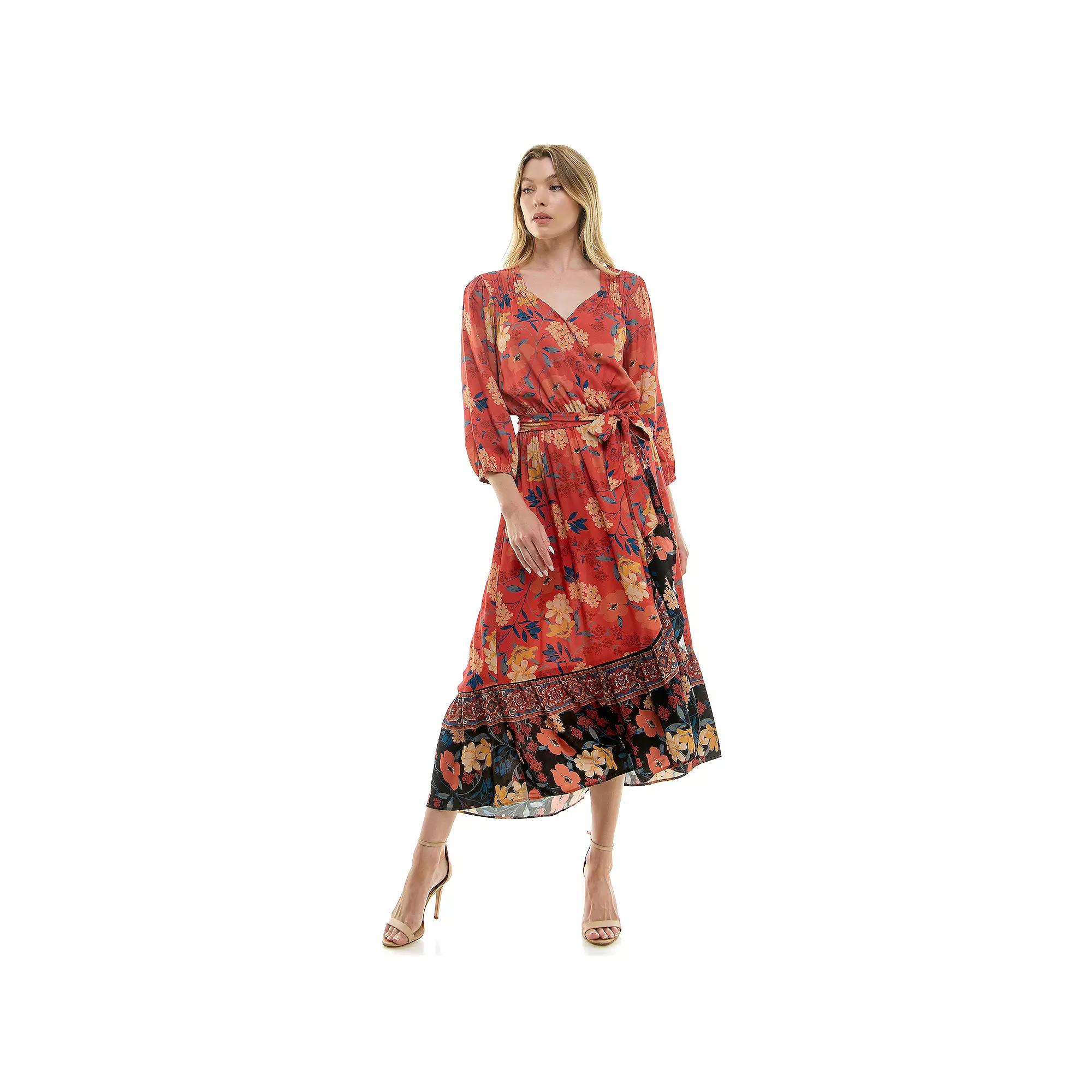 Women's Figueroa & Flower Belted Faux Wrap Maxi Dress, Size: Large, Brick Black Product Image