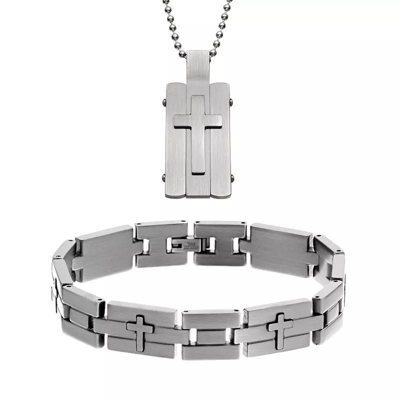 Two Tone Stainless Steel Cross Dog Tag and Bracelet Set - Men, Men's, Size: 24", Grey Product Image