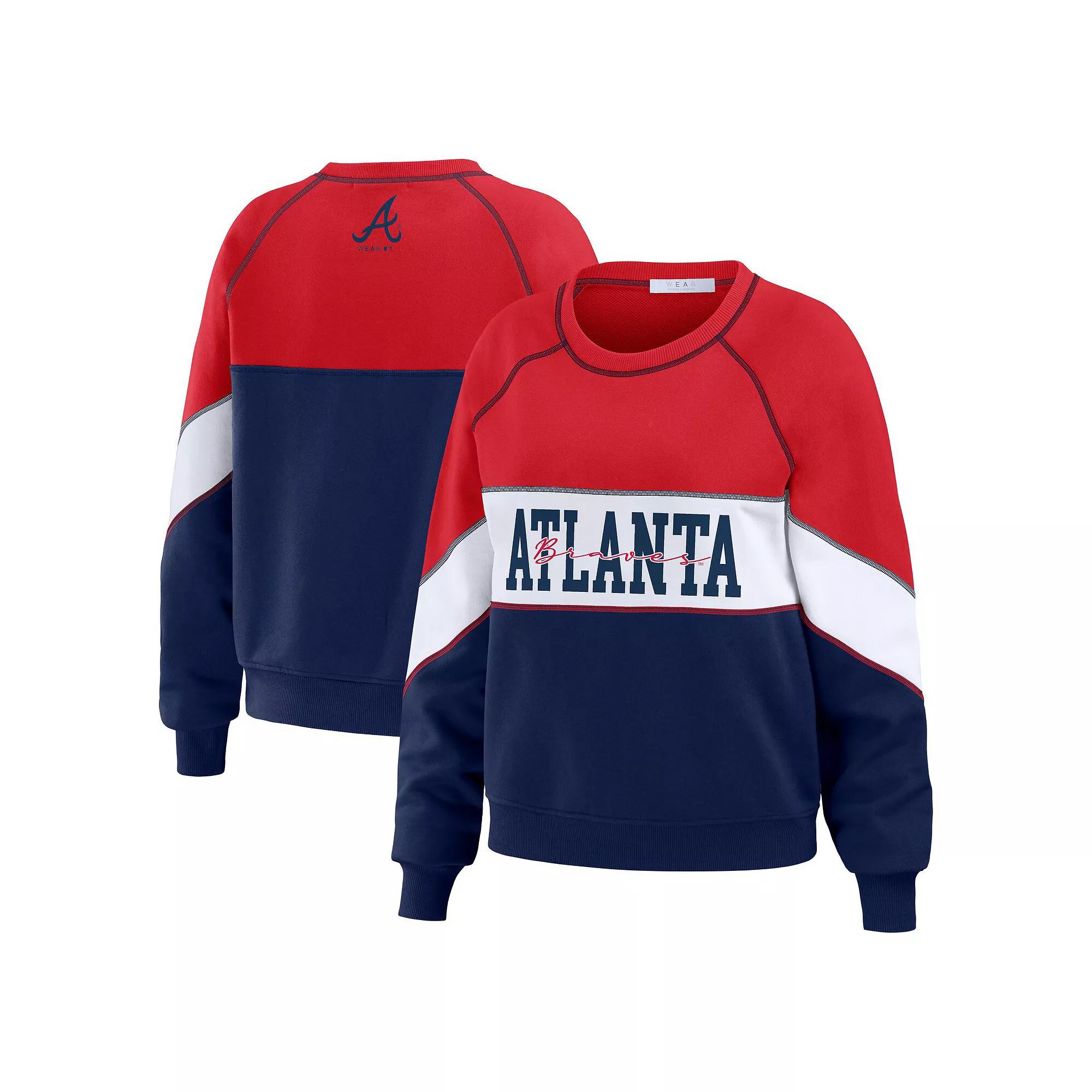 Women's WEAR by Erin Andrews Red/Navy Atlanta Braves Crewneck Pullover Sweatshirt,  Product Image