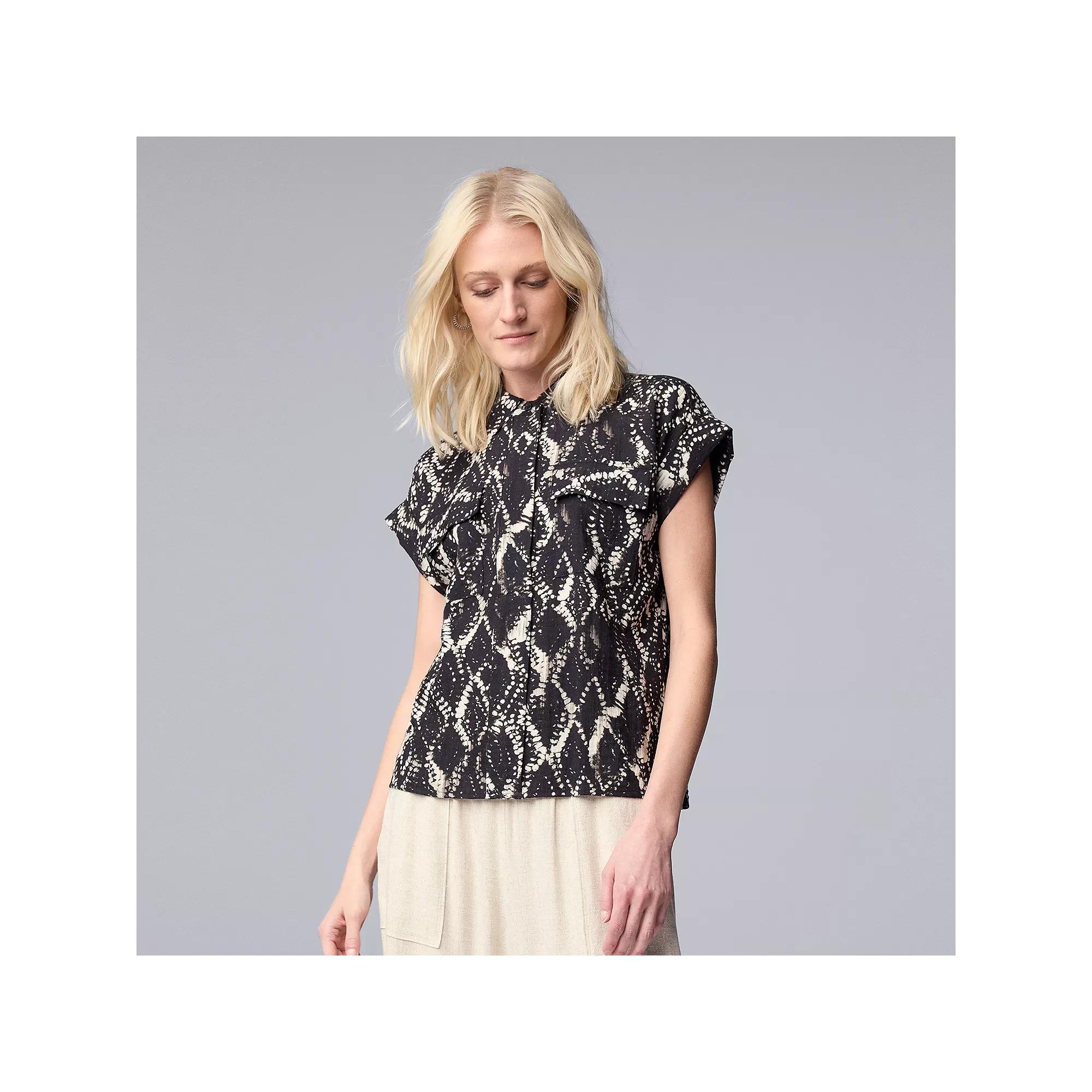 Women's Simply Vera Vera Wang Short Sleeve Linen Shirt, Size: Small, Black Diamond Dye Product Image