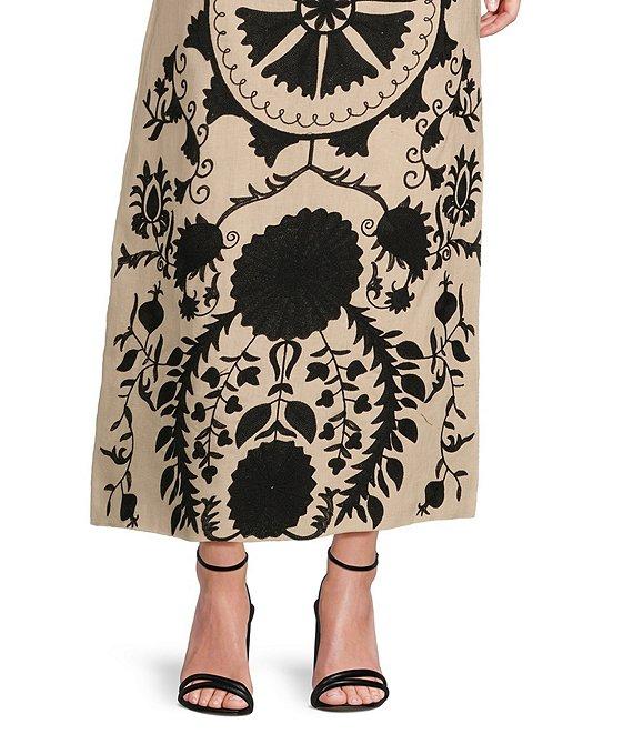 Le' AL.X Linen Embroidered Square Neck Sleeveless Spaghetti Strap Braided Belt Column Side Slit Maxi Coordinating Dress Product Image